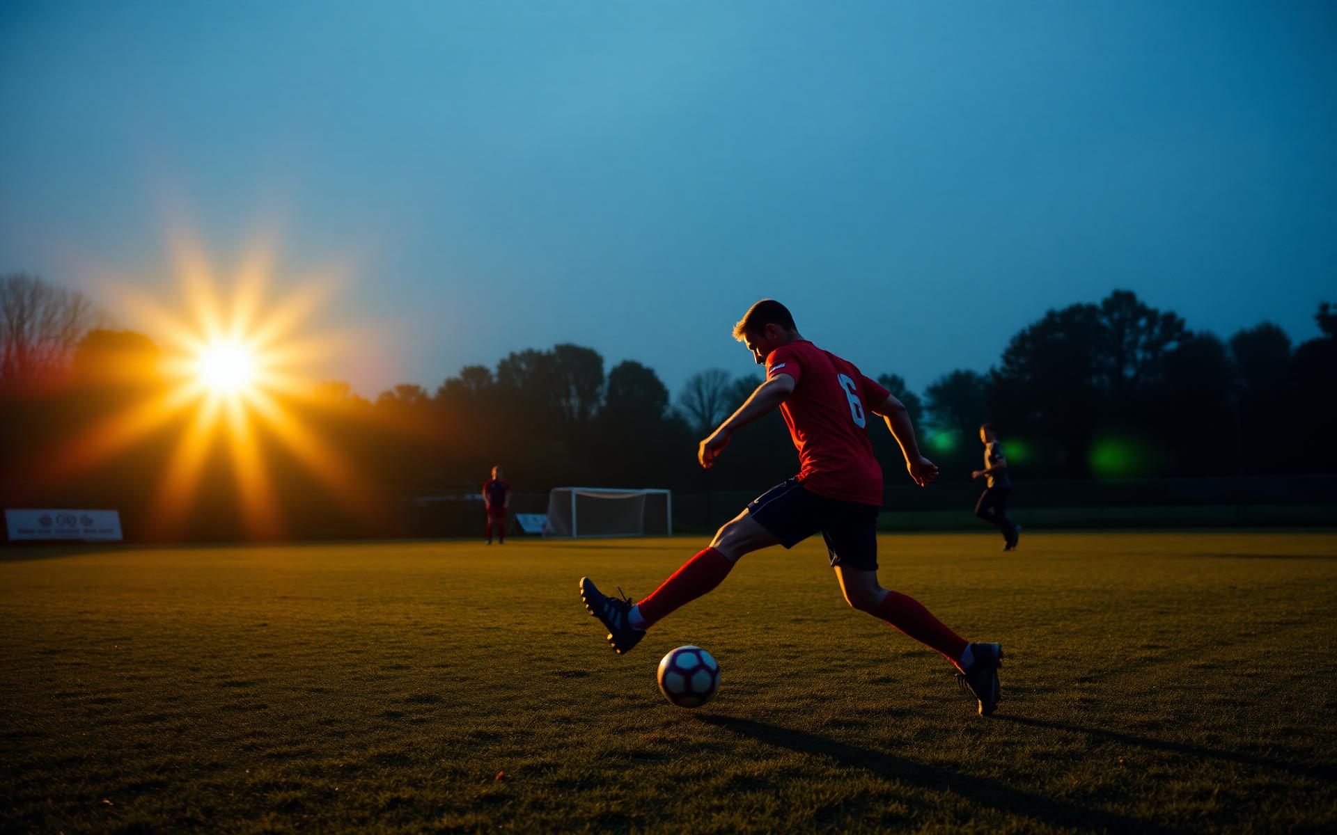 FC KONTI pelaaja potkaisemassa palloa auringonlaskussa